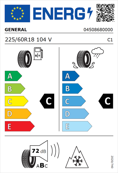 Tyre Label for General Snow Grabber Plus 225/60R18 104V