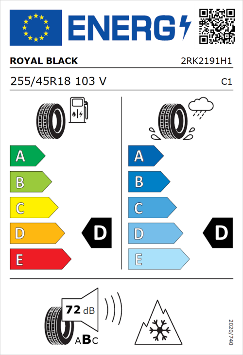 Tyre Label for Royal Black Winter 255/45R18 103V