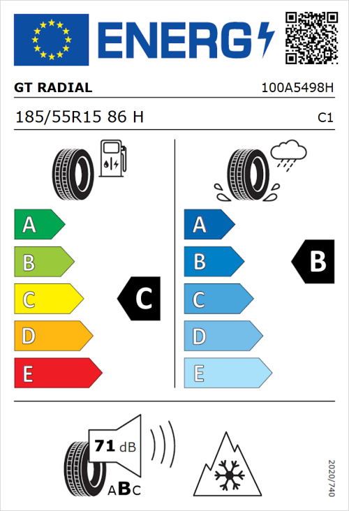 Tyre Label for GT Radial 4Seasons 185/55R15 86H