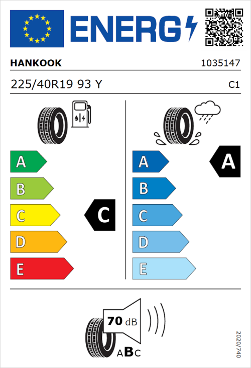 Tyre Label for Hankook Ventus Evo (K137) 225/40R19 93Y